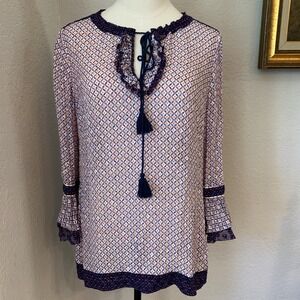 Tory Burch Size 10 Silk Geometric 3/4 Sleeve Tunic Blouse Blue White Red/Orange
